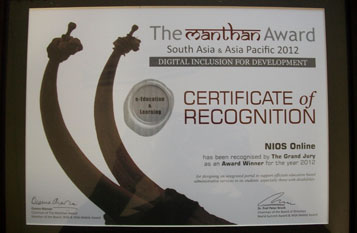 The Manthan Award: Certification of Recognition awarded to NIOS Online