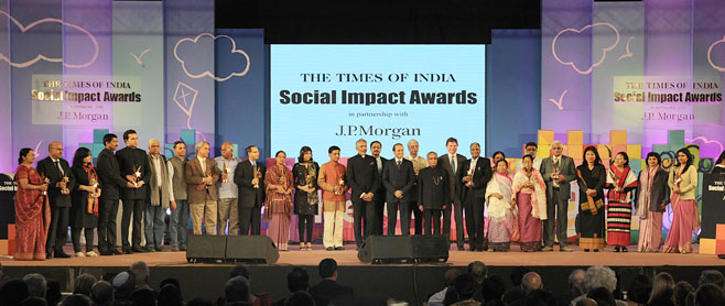 Times of India Social Impact Awardees on stage with the President, Pranab Mukherjee